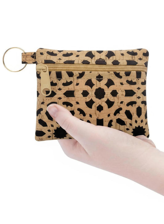 Cork Zipper Pouch With Key Ring - Black Mandala