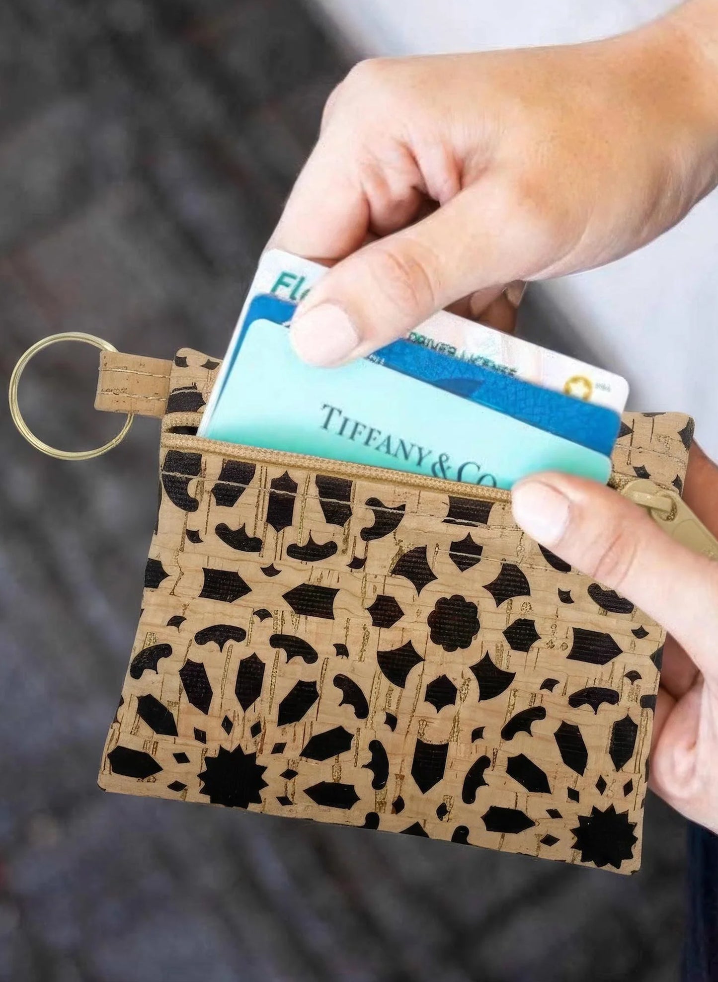 Cork Zipper Pouch With Key Ring - Black Mandala