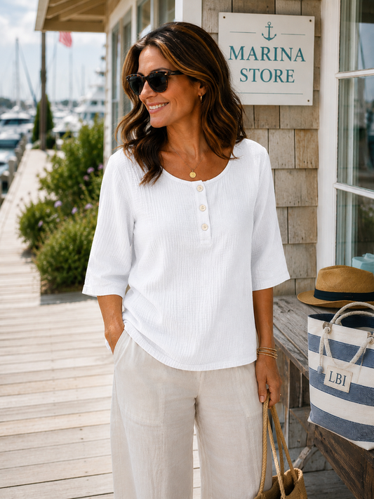 Cotton Lani 3/4 Sleeve w/Buttons - Top - White available at The Good Life Boutique
