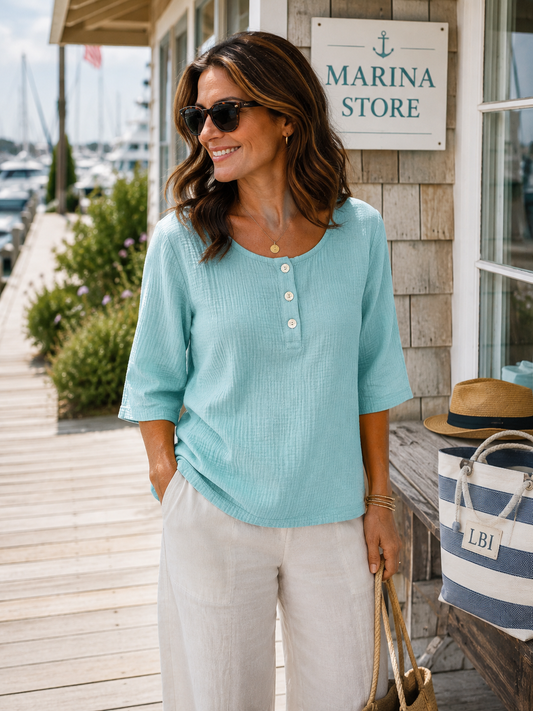Cotton Lani 3/4 Sleeve w/Buttons - Top - Tide Pool available at The Good Life Boutique