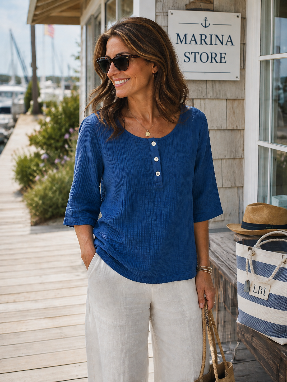Cotton Lani 3/4 Sleeve w/Buttons - Top - Edgewater available at The Good Life Boutique