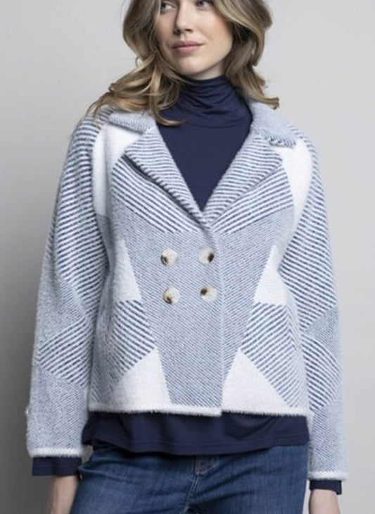 Picadilly Fashions Double Breasted Sweater Jacket - Denim/Off-white available at The Good Life Boutique