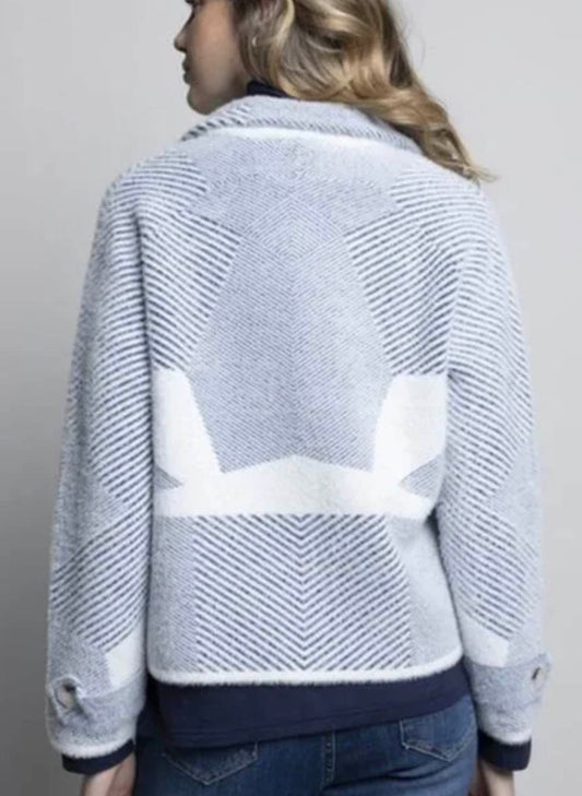 Picadilly Fashions Double Breasted Sweater Jacket - Denim/Off-white available at The Good Life Boutique