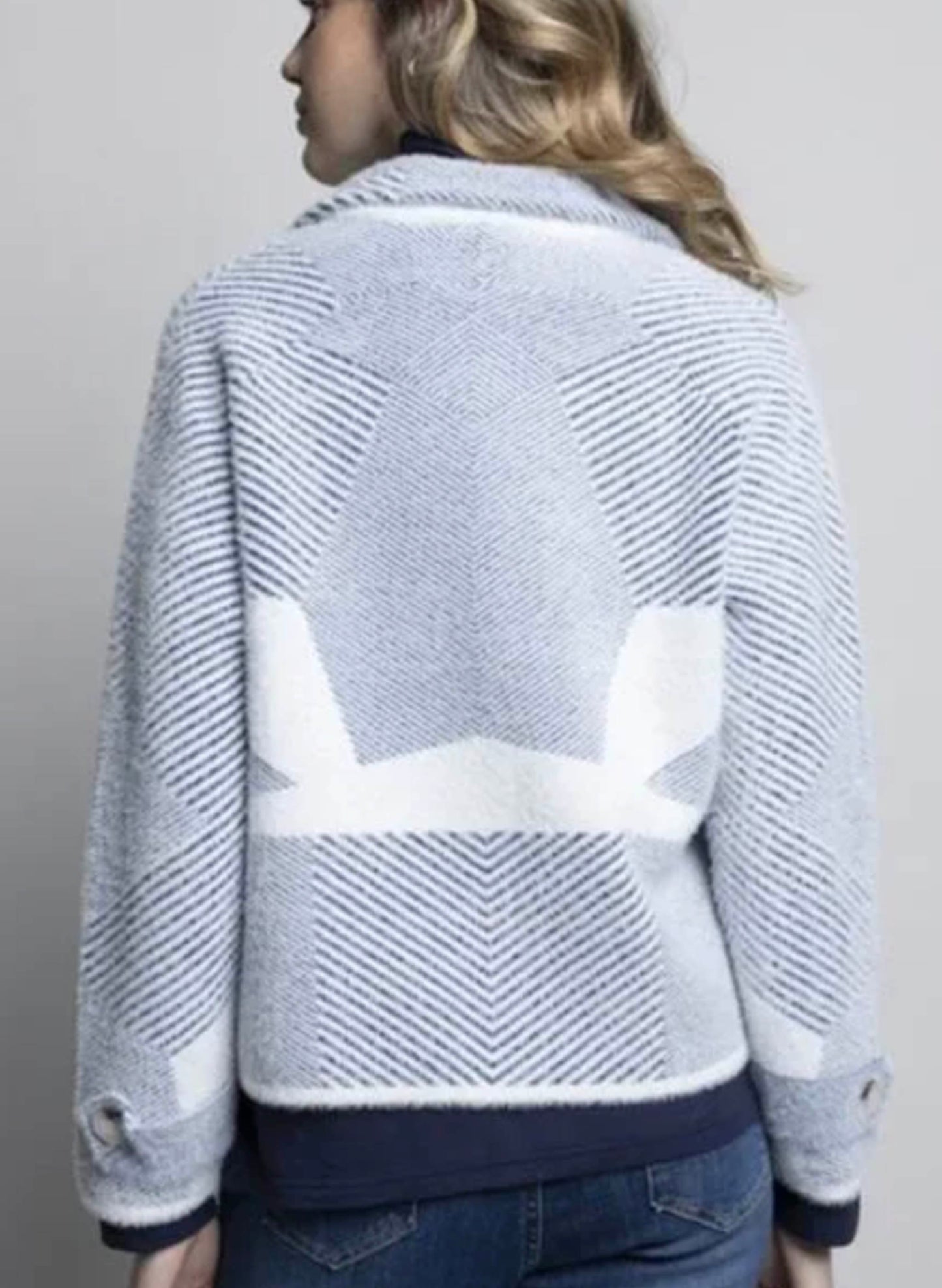 Picadilly Fashions Double Breasted Sweater Jacket - Denim/Off-white available at The Good Life Boutique