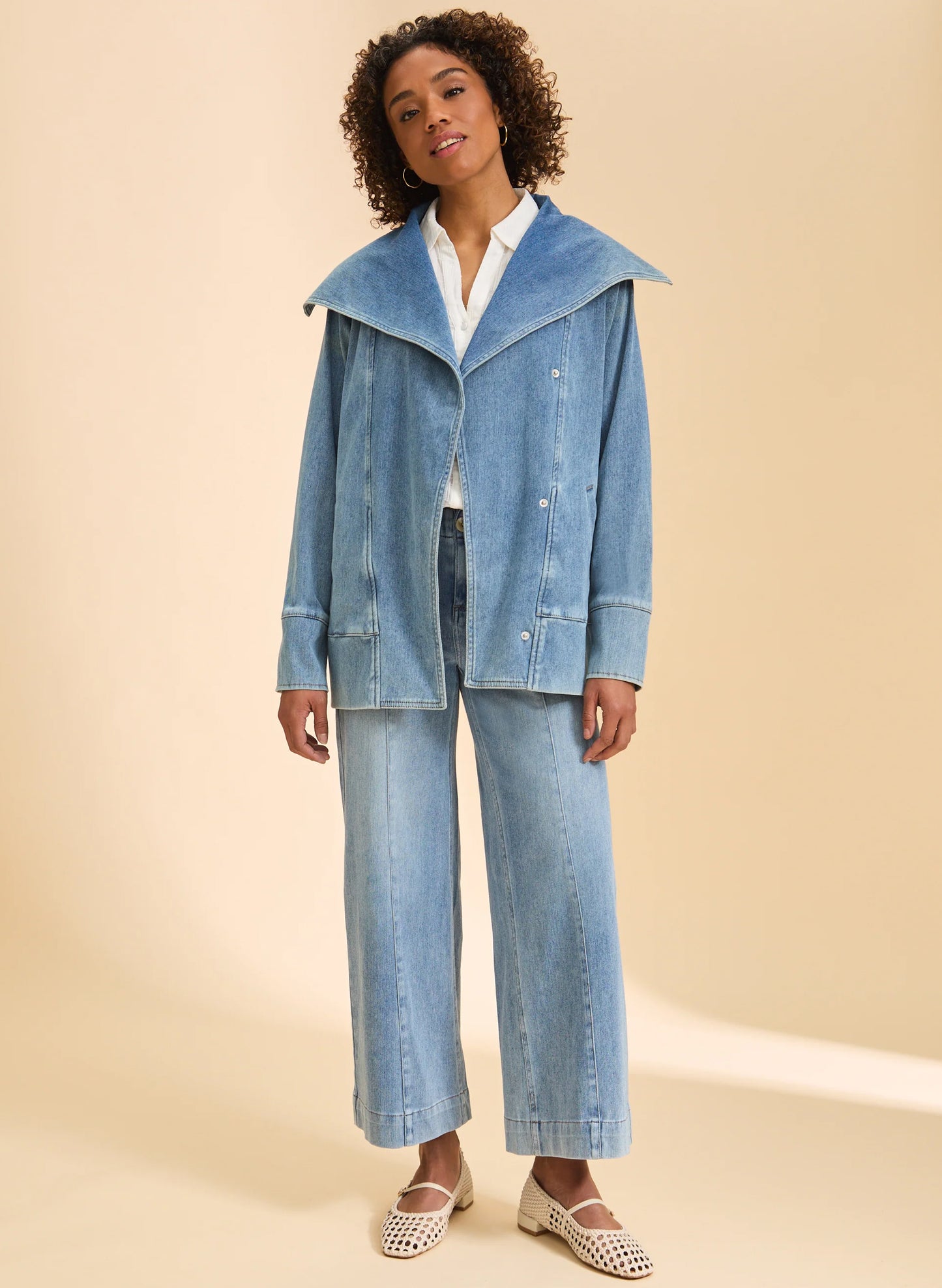 French Dressing FDJ Draped Front Jacket - Light Denim available at The Good Life Boutique