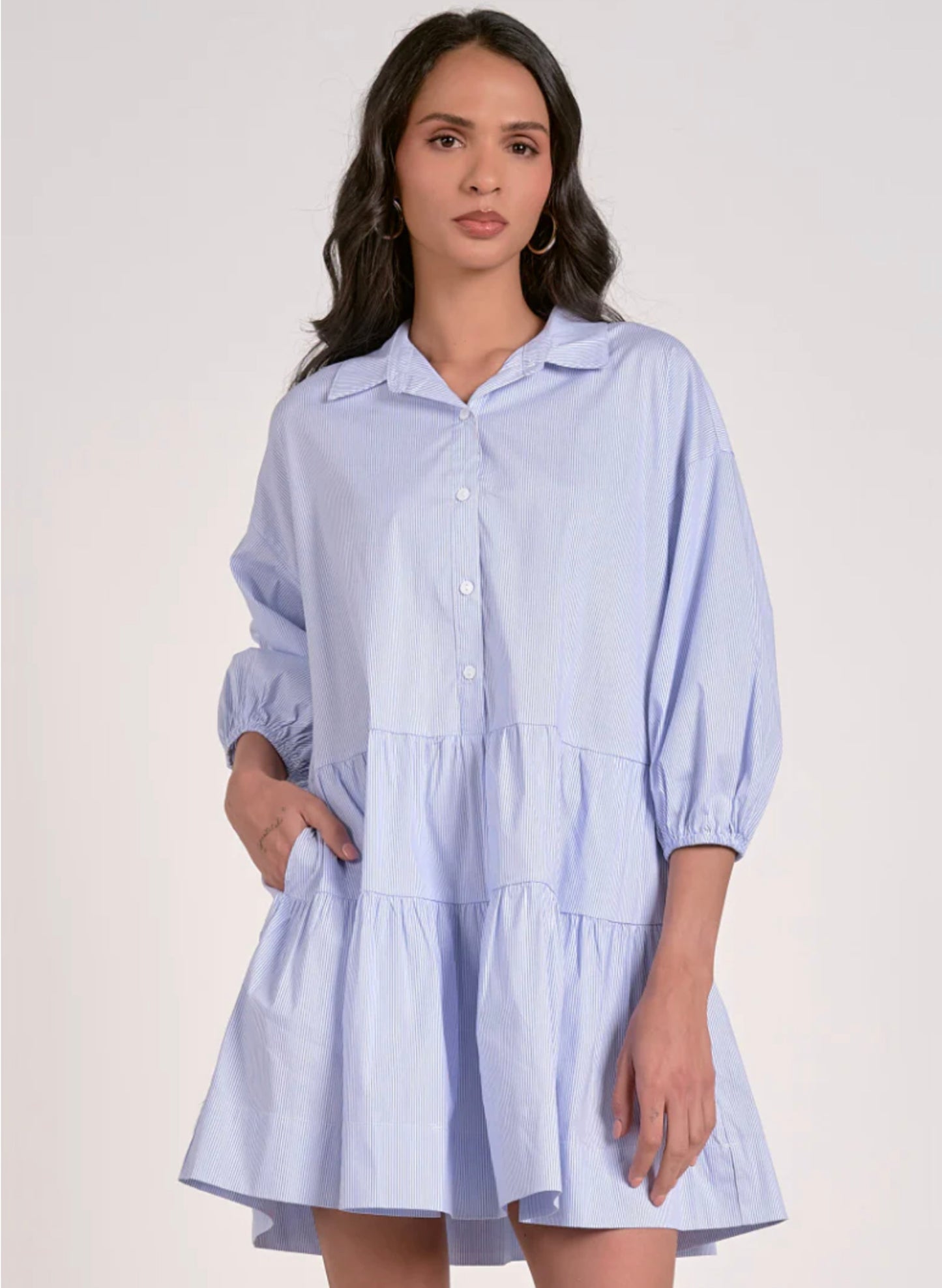 Elan Elan - 1 Dress 3/4 Sleeve Collared - Blue Stripe available at The Good Life Boutique