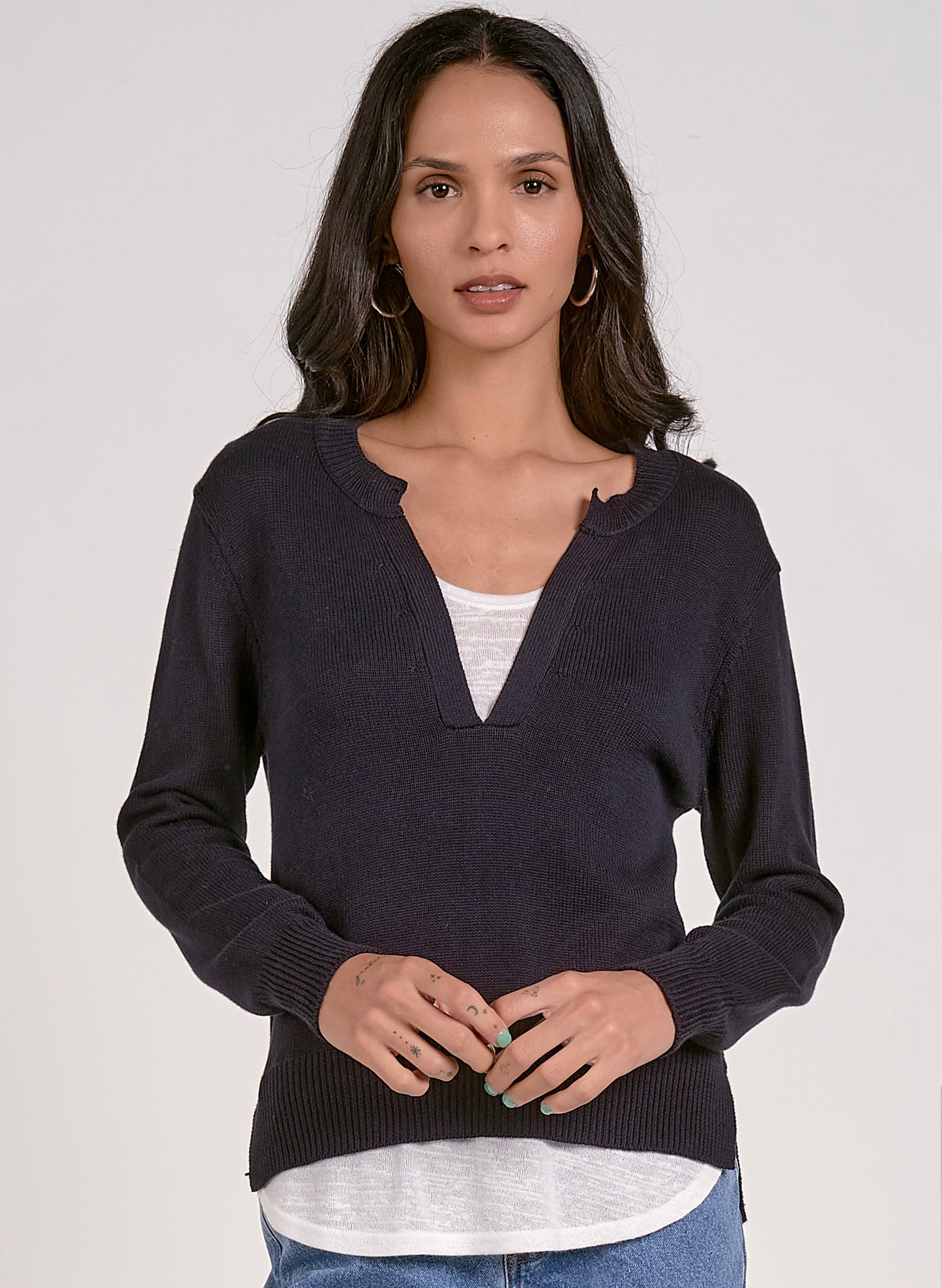 Elan Elan - Sweater V Neck Layered - Navy + White available at The Good Life Boutique