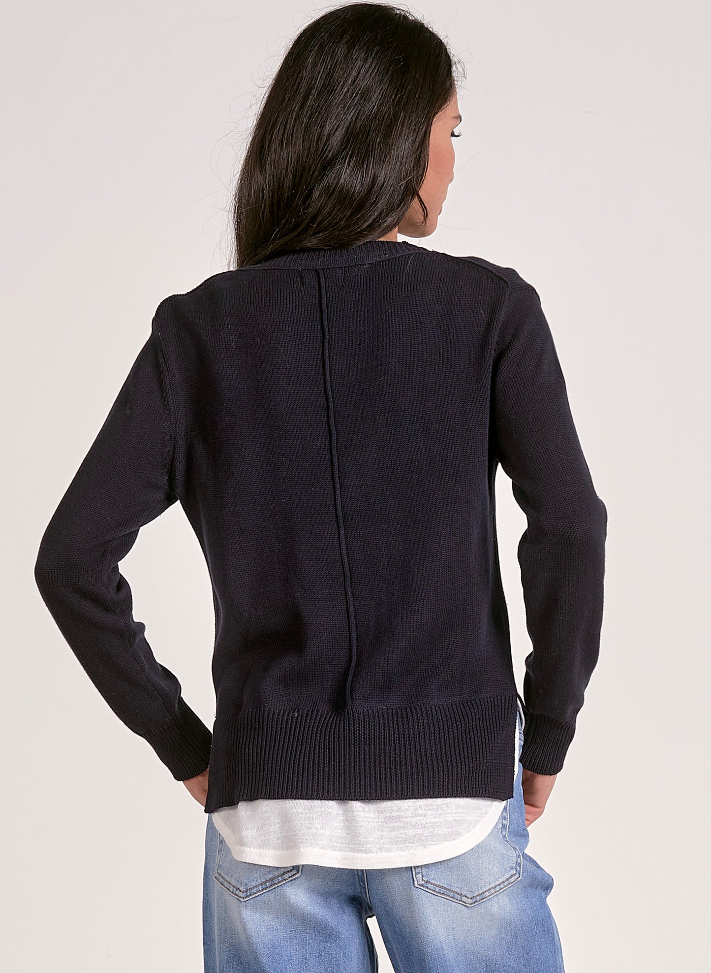 Elan Elan - Sweater V Neck Layered - Navy + White available at The Good Life Boutique