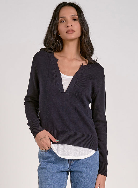 Elan Elan - Sweater V Neck Layered - Navy + White available at The Good Life Boutique