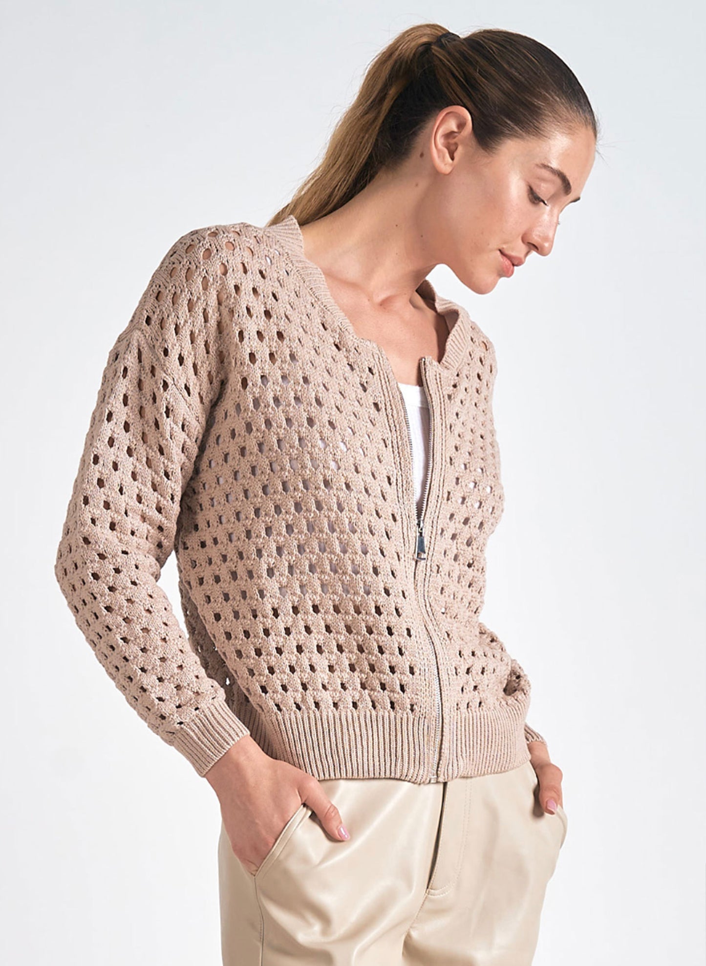 Elan Elan - 7 Sweater Cardigan- Stone available at The Good Life Boutique