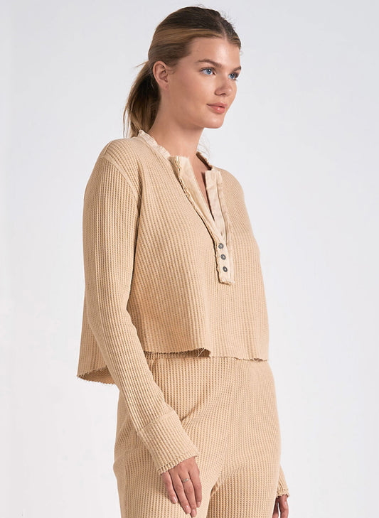 Elan Elan - 7 Top Long/Sleeve V Neck - Tan available at The Good Life Boutique