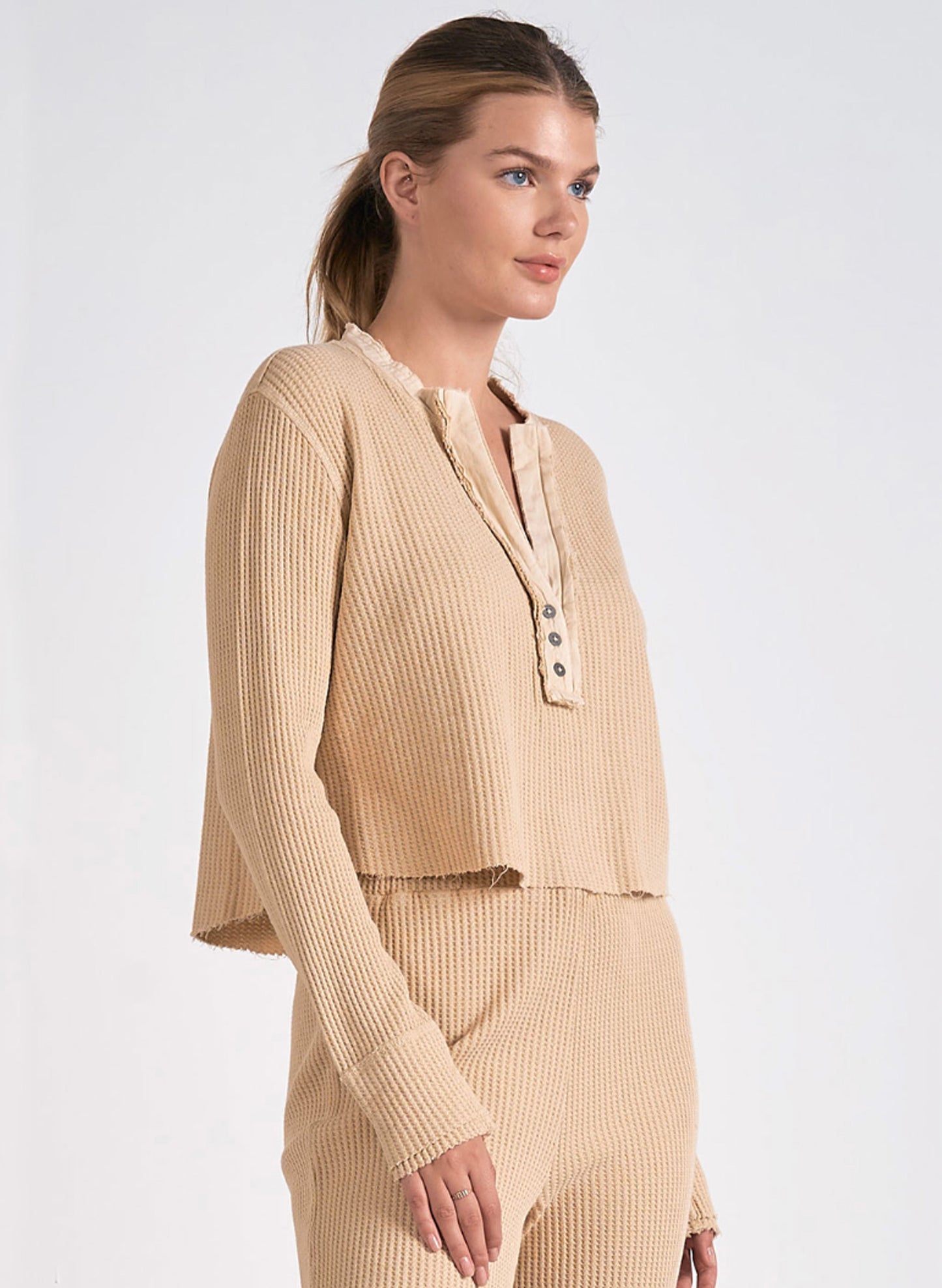 Elan Elan - 7 Top Long/Sleeve V Neck - Tan available at The Good Life Boutique