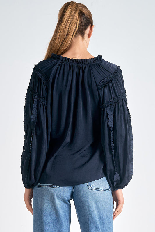 Elan Elan - 9 Long Sleeve Tie Neck Top - Navy available at The Good Life Boutique