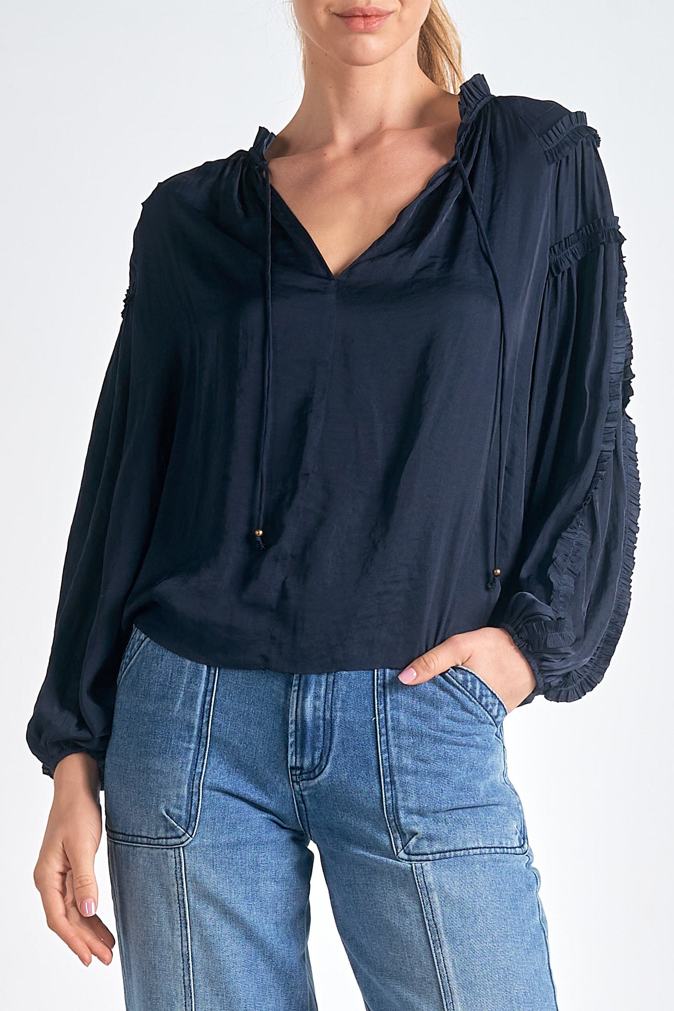 Elan Elan - 9 Long Sleeve Tie Neck Top - Navy available at The Good Life Boutique