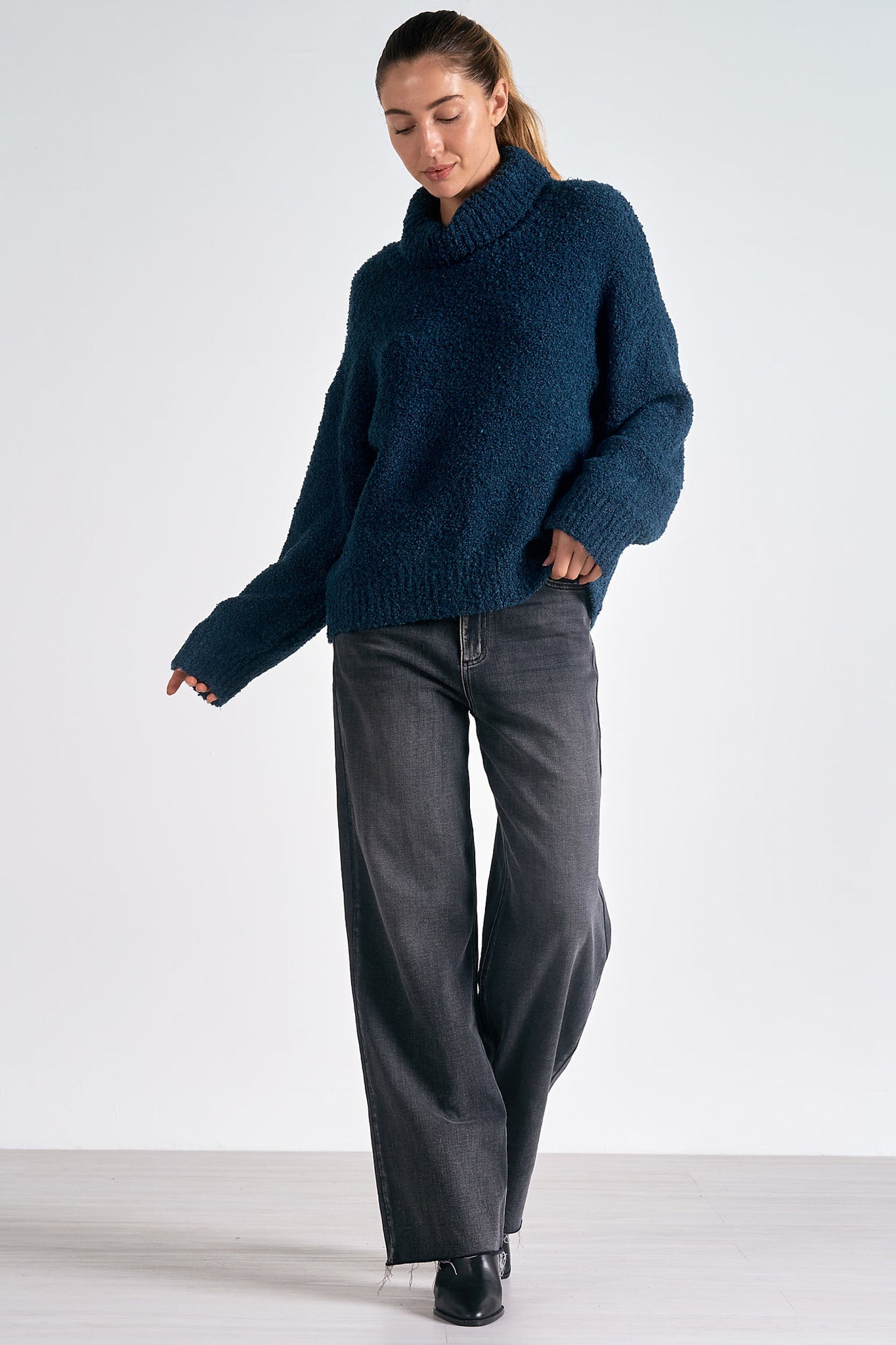 Elan Elan - 9 Turtleneck Sweater Boucle - Teal Blue available at The Good Life Boutique