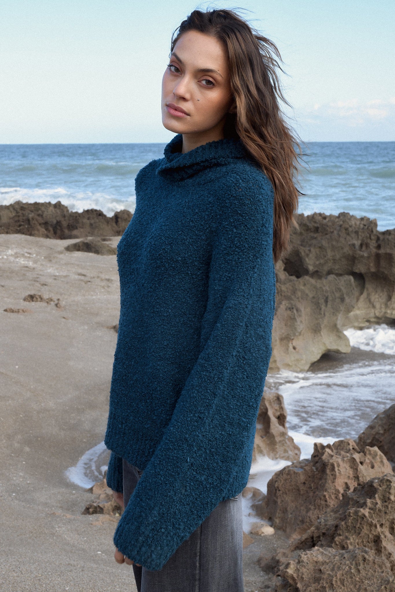 Elan Elan - 9 Turtleneck Sweater Boucle - Teal Blue available at The Good Life Boutique