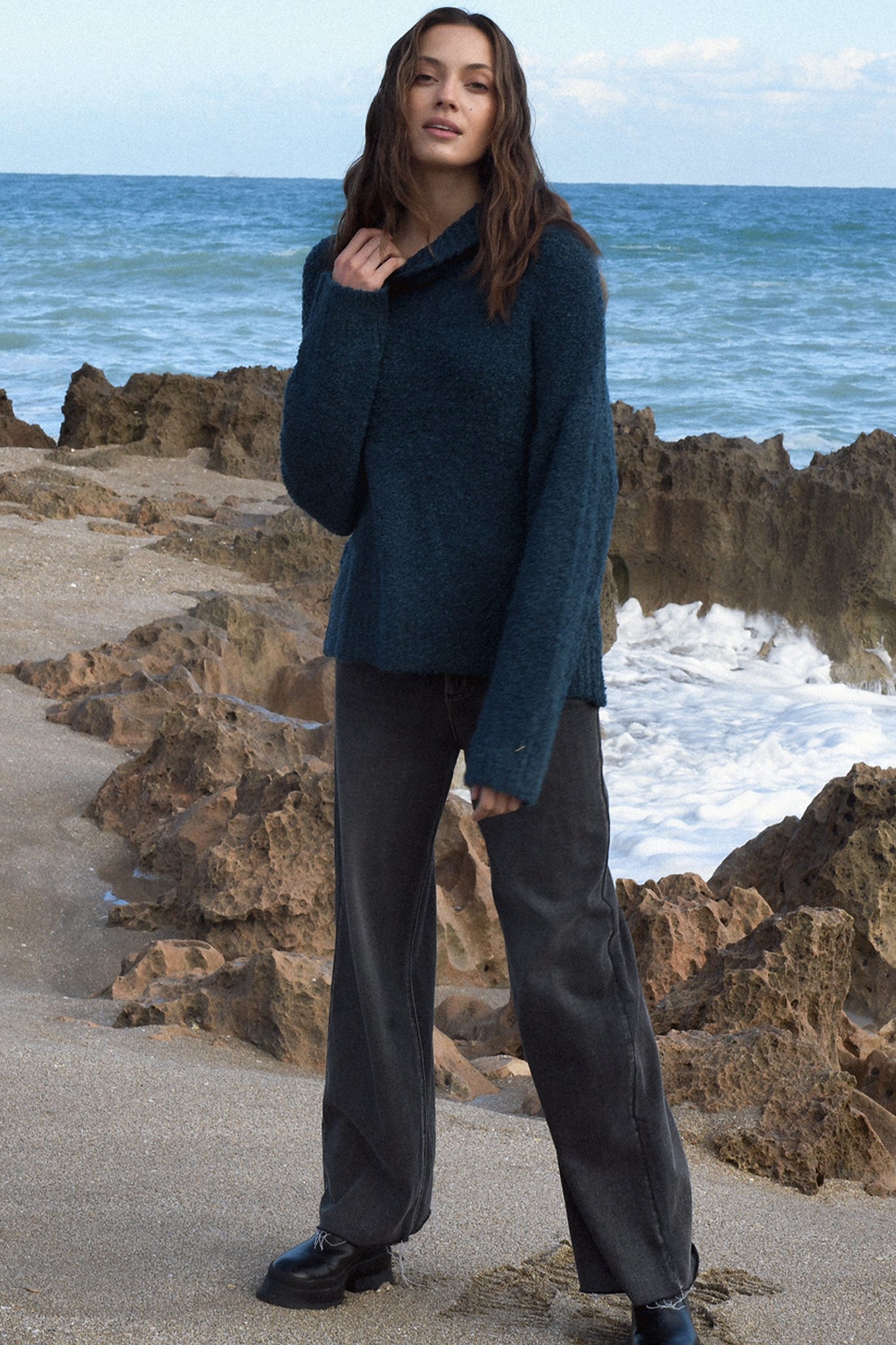 Elan Elan - 9 Turtleneck Sweater Boucle - Teal Blue available at The Good Life Boutique