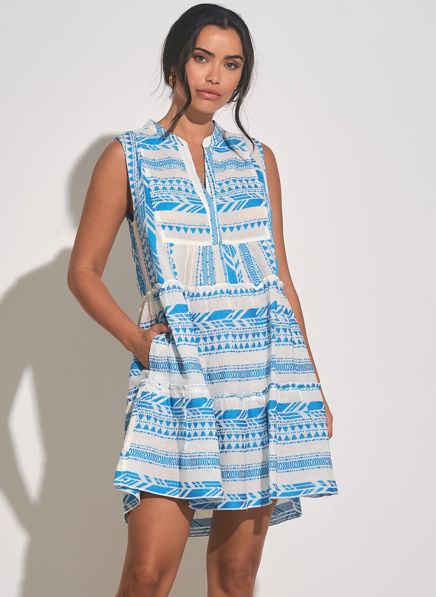 Elan Elan - A Line Sleeveless Dress - White/Blue Print available at The Good Life Boutique