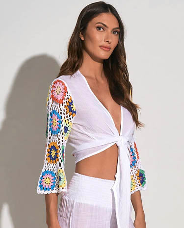 Elan Elan - Crochet Long Sleeve Tie Front Top - White available at The Good Life Boutique