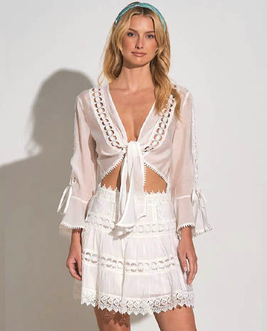 Elan Elan - Crochet Stripe Cropped Tie Front Top - White available at The Good Life Boutique