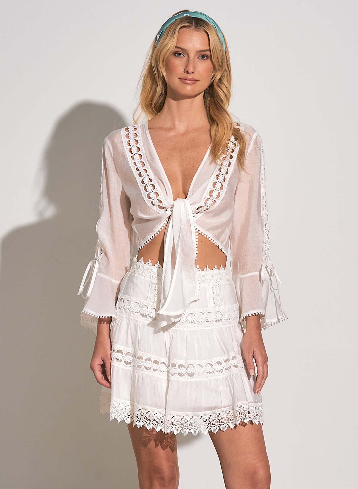 Elan Elan - Crochet Cropped Tie Front Top - White available at The Good Life Boutique