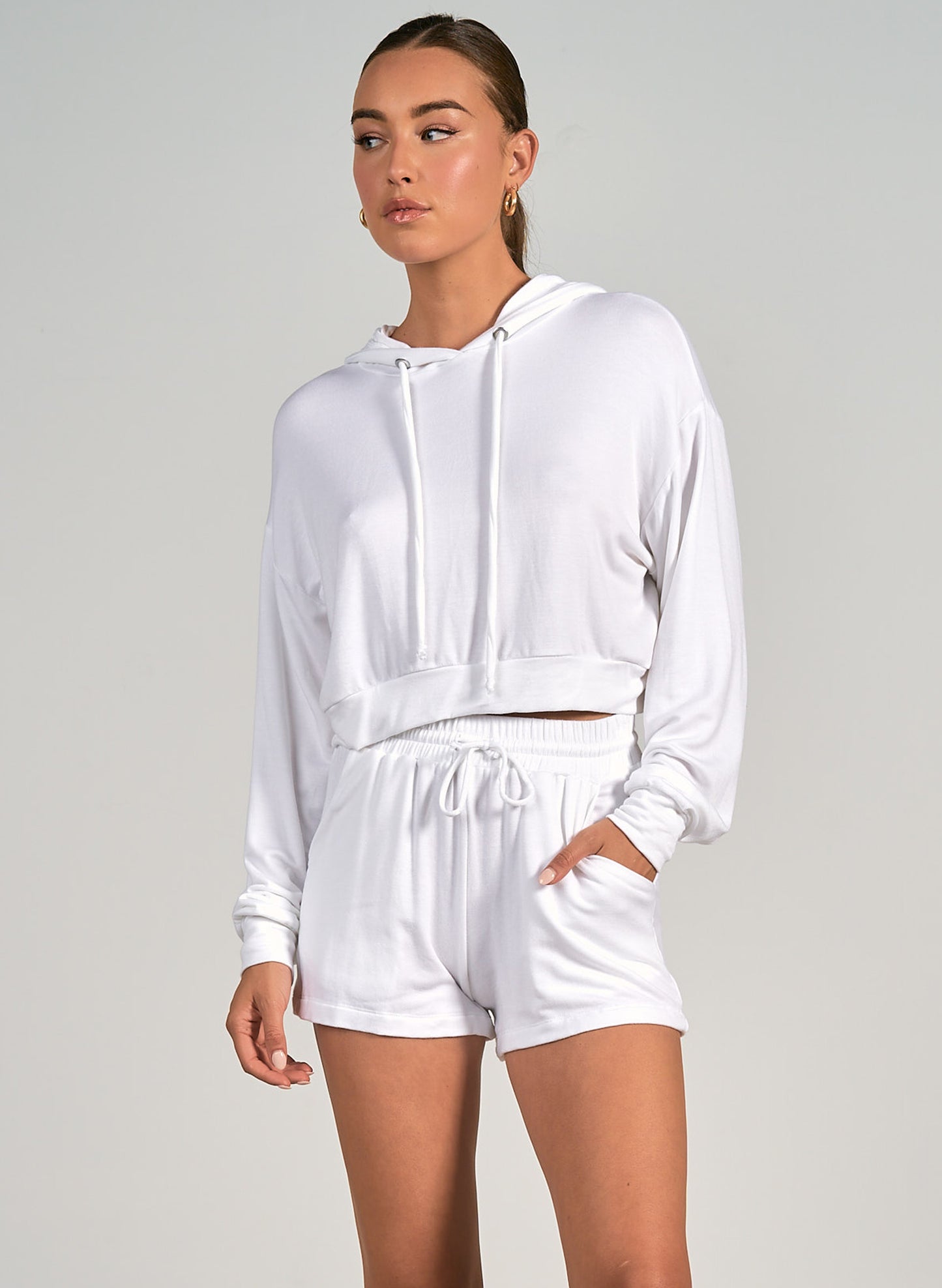 Elan Elan - Cropped Hoodie Long Sleeve Top - White available at The Good Life Boutique