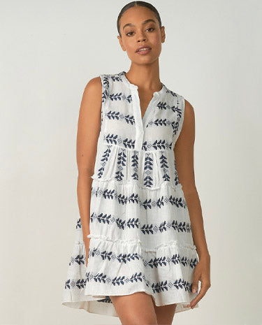 Elan Elan - Dress A Line Sleeveless - White/Blue Print available at The Good Life Boutique