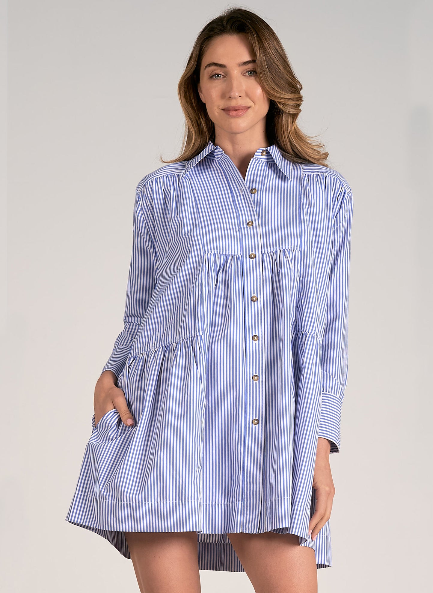 Elan Elan - Dress Long Sleeve Button Down - Blue Strip available at The Good Life Boutique