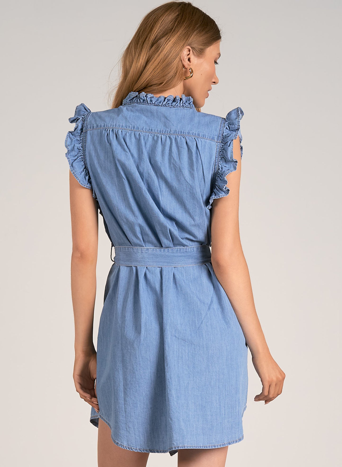 Elan Elan - Dress Ruffle Sleeveless W/Belt - Denim available at The Good Life Boutique