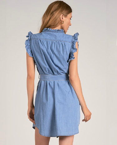 Elan Elan - Dress Ruffle Sleeveless W/Belt - Denim available at The Good Life Boutique