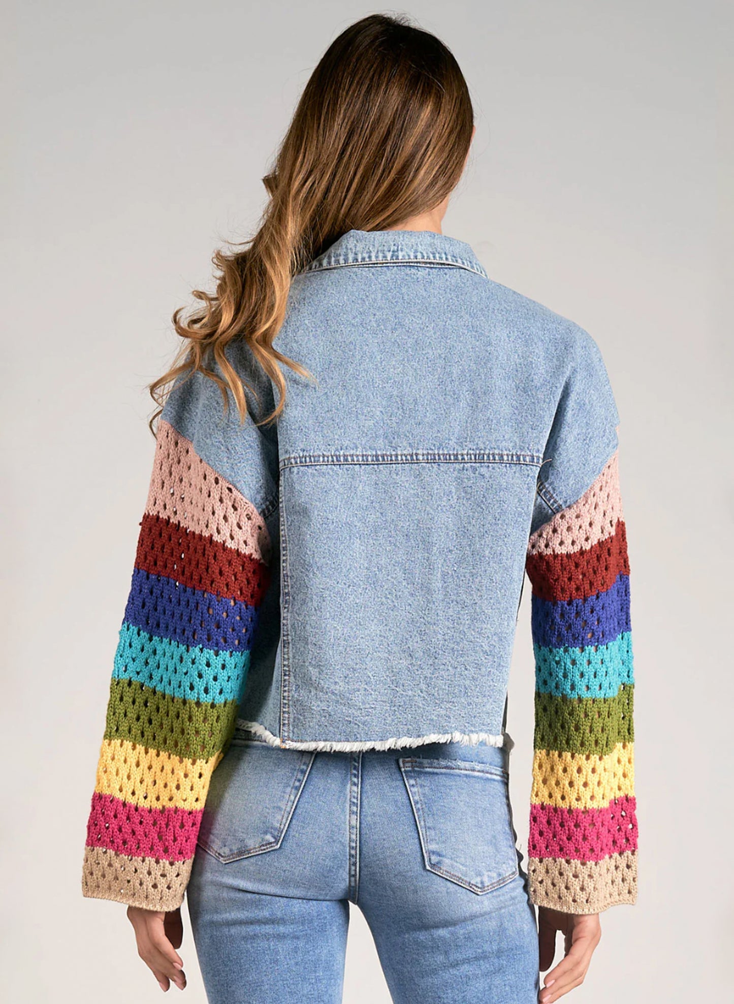 Elan Elan - Jacket Crop Crochet Sleeve - Denim available at The Good Life Boutique