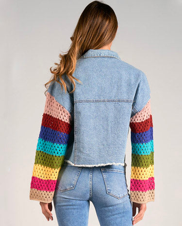 Elan Elan - Jacket Crop Crochet Slv - Denim available at The Good Life Boutique