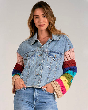 Elan Elan - Jacket Crop Crochet Slv - Denim available at The Good Life Boutique