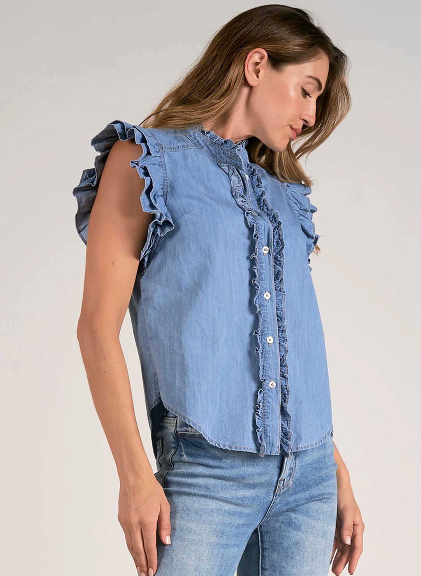 Elan Elan - Ruffle Sleeveless Top - Denim available at The Good Life Boutique