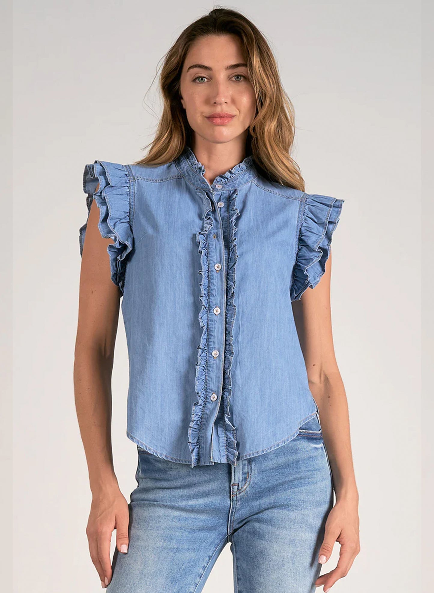 Elan Elan - Ruffle Sleeveless Top - Denim available at The Good Life Boutique