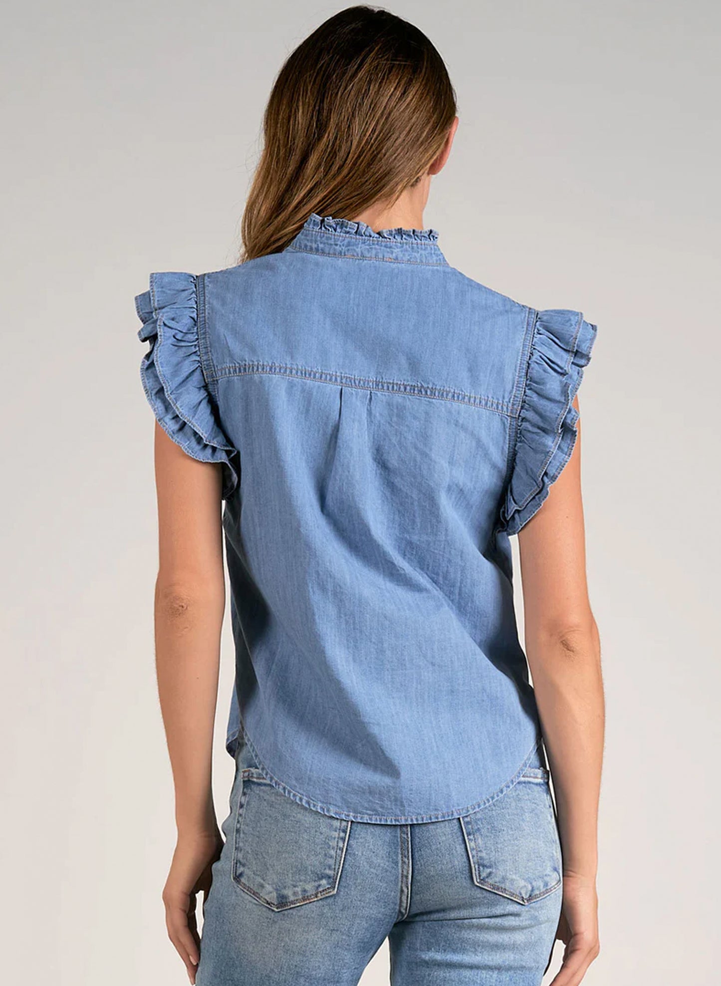 Elan Elan - Ruffle Sleeveless Top - Denim available at The Good Life Boutique