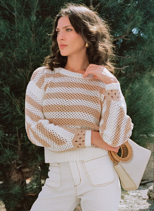 Elan Elan - Sweater Boatneck Strip - Tan White Stripe available at The Good Life Boutique