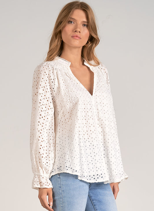 Elan Elan - Top - Long Sleeve V-Neck - White Eyelet available at The Good Life Boutique