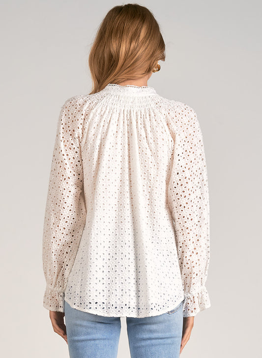 Elan Elan - Top - Long Sleeve V-Neck - White Eyelet available at The Good Life Boutique