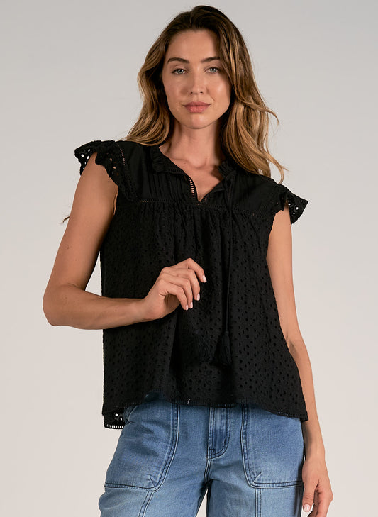 Elan Elan - Short Sleeve V-Neck Top - Black Eyelet available at The Good Life Boutique