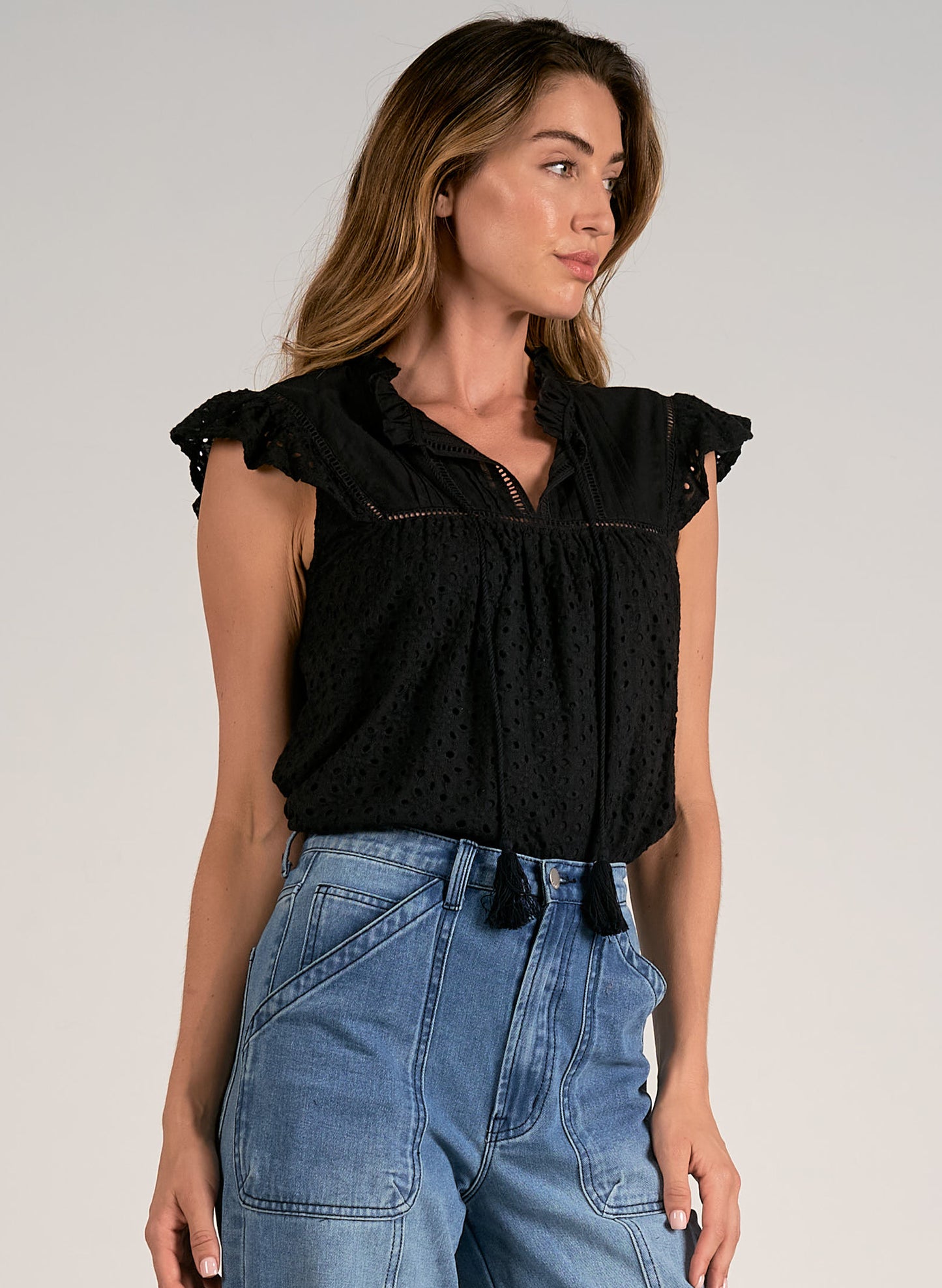 Elan Elan - Short Sleeve V-Neck Top - Black Eyelet available at The Good Life Boutique