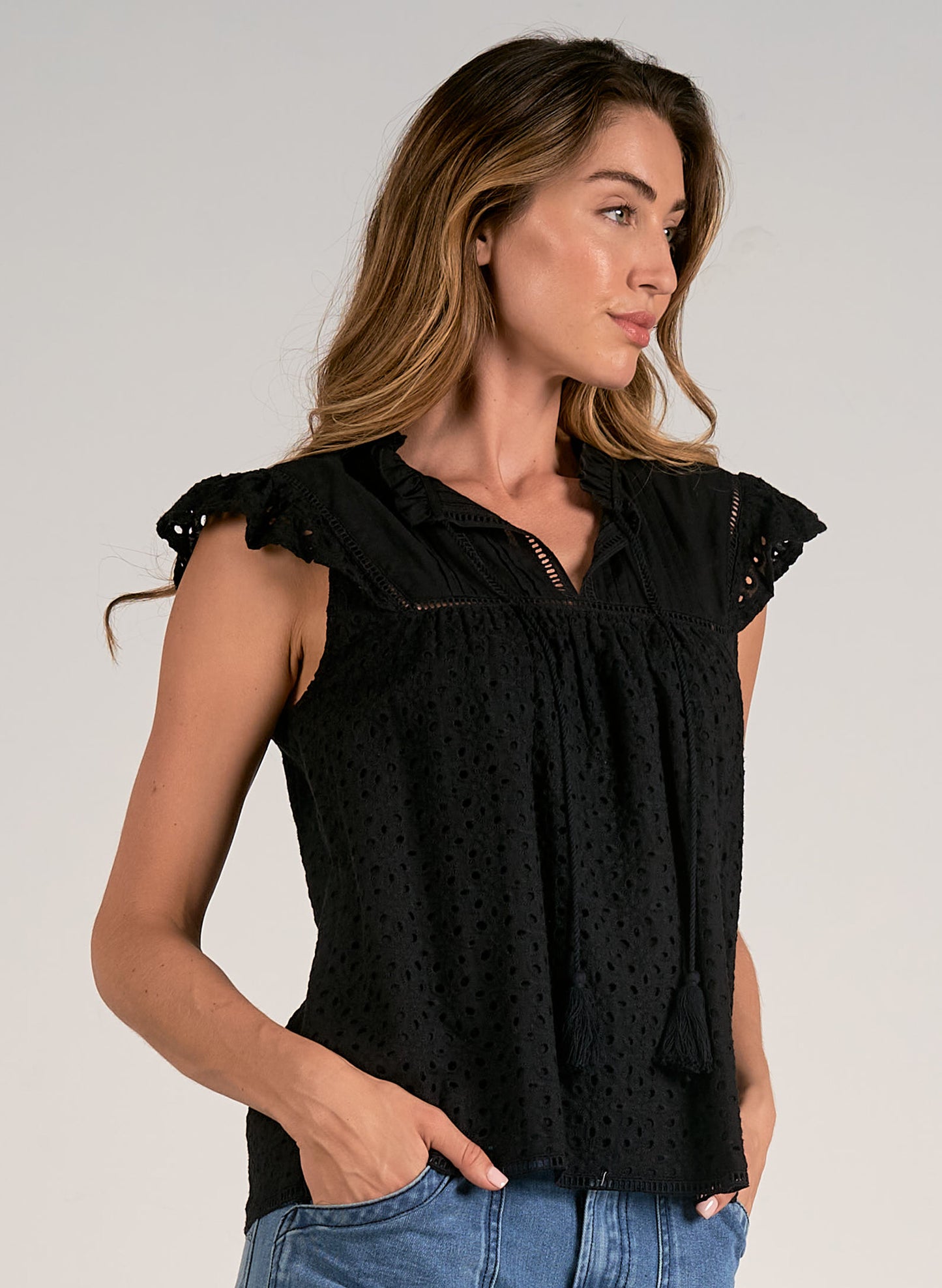 Elan Elan - Short Sleeve V-Neck Top - Black Eyelet available at The Good Life Boutique