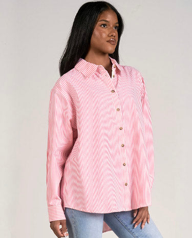 Elan Elan - Top Long Sleeve Button Down - Pink Strip available at The Good Life Boutique