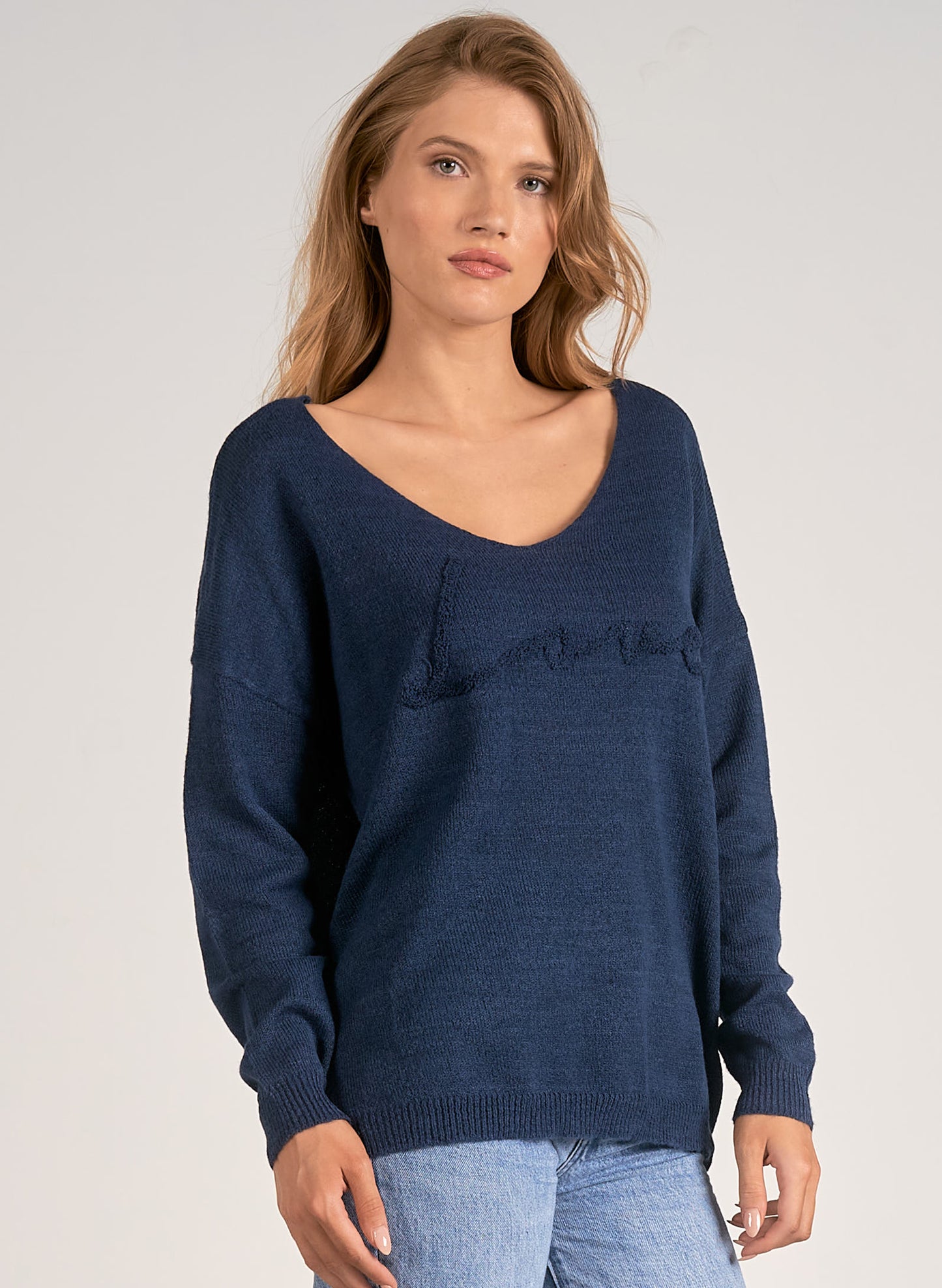 Elan Elan - V Neck Love Print Sweater - Navy available at The Good Life Boutique