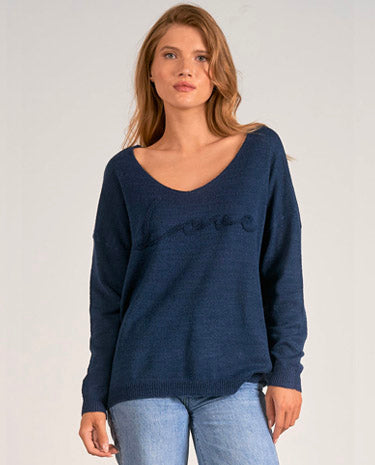 Elan Elan - V Neck Love Print Sweater - Navy available at The Good Life Boutique