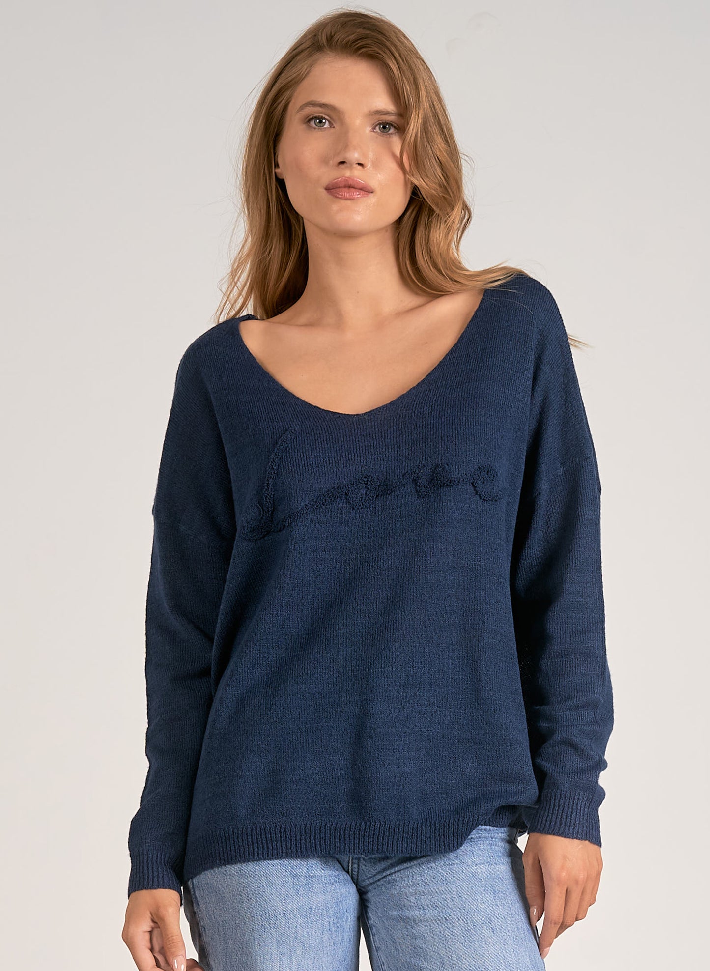 Elan Elan - V Neck Love Print Sweater - Navy available at The Good Life Boutique