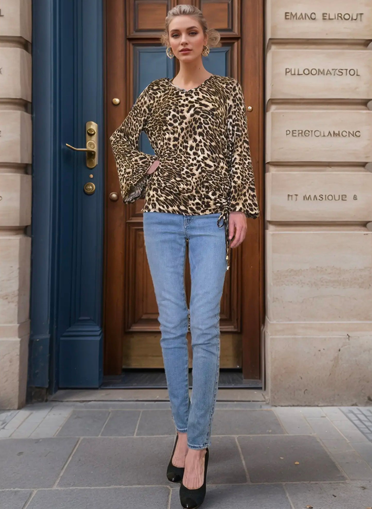 Elle Bell Sleeve Drawstring V Neck Top - Leopard