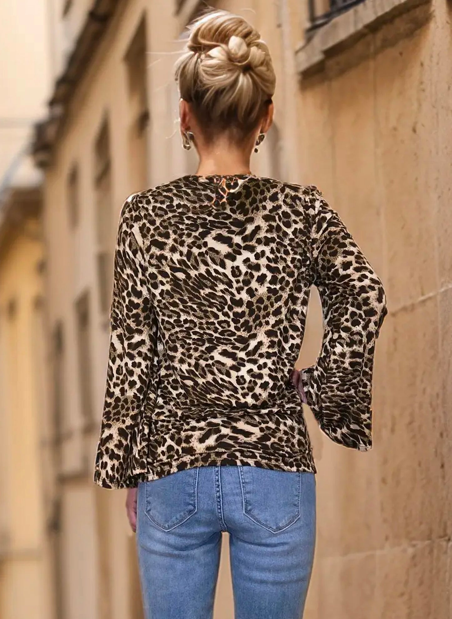 Elle Bell Sleeve Drawstring V Neck Top - Leopard