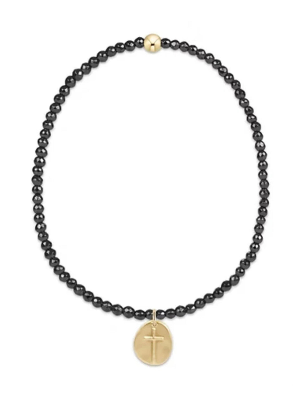 ENewton Faceted Hematite 2mm Bead Bracelet - Signature Cross Gold Charm