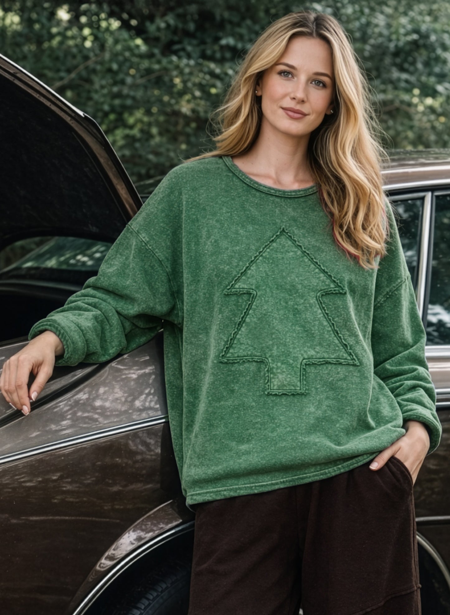 Cotton Lani Evergreen Vintage Wash Tree Sweatshirt available at The Good Life Boutique